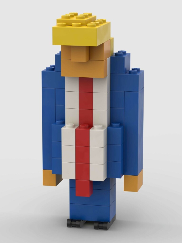 Grumpy Donald Trump as a LEGO build (front view).
