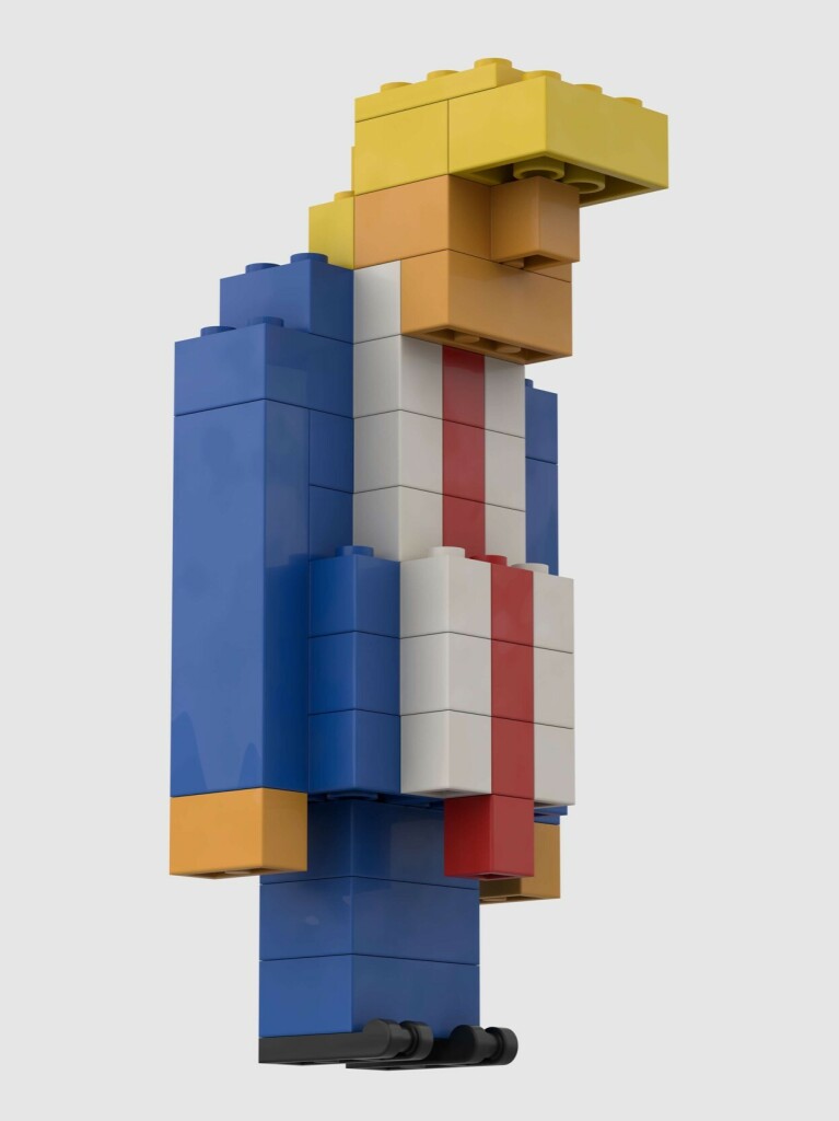 Grumpy Donald Trump as a LEGO build (front right view).