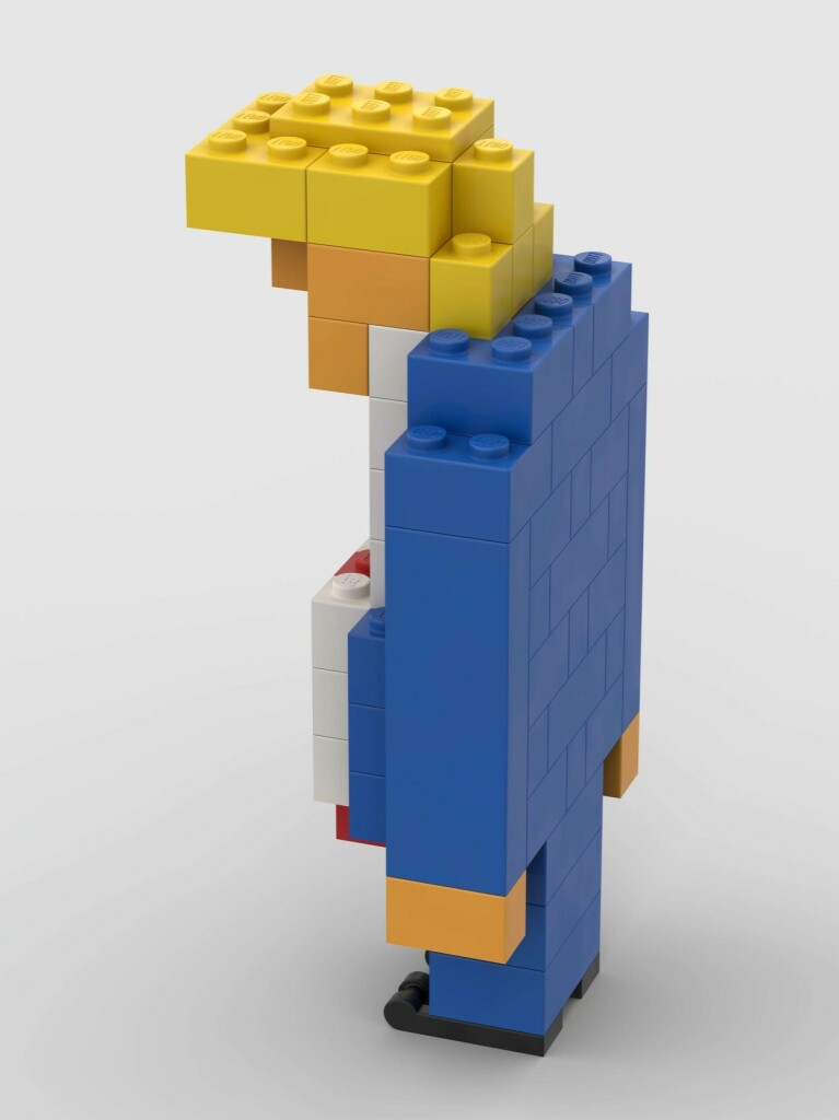 Grumpy Donald Trump as a LEGO build (left side view, slightly from the back).