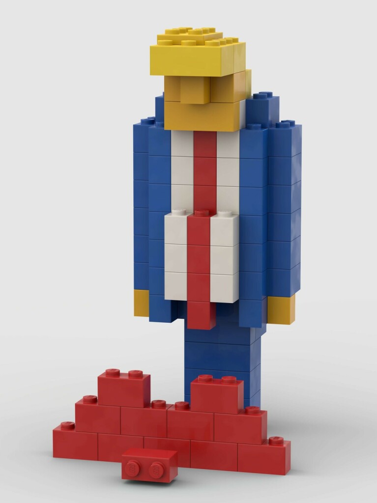 Grumpy Donald Trump as a LEGO build (front view).