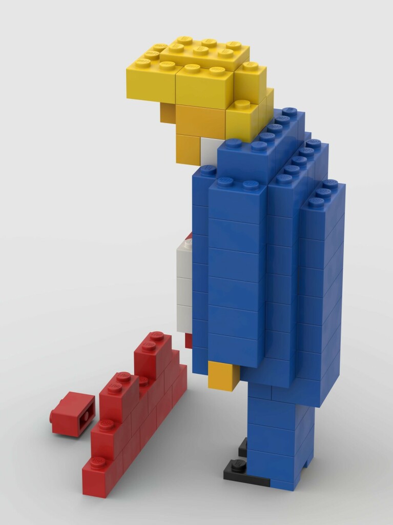 Grumpy Donald Trump as a LEGO build (left side view, slightly from the back).
