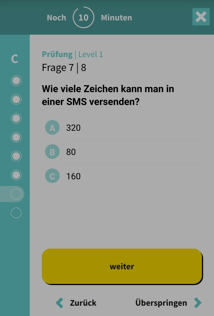Frage aus dem Quiz fürs DSIR Zertifikat: Wie viele Zeichen kann man in einer SMS versenden? 320, 80 oder 160