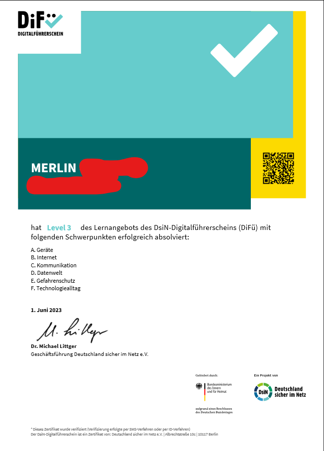 Digitalführerschein ausgestellt an Merlin